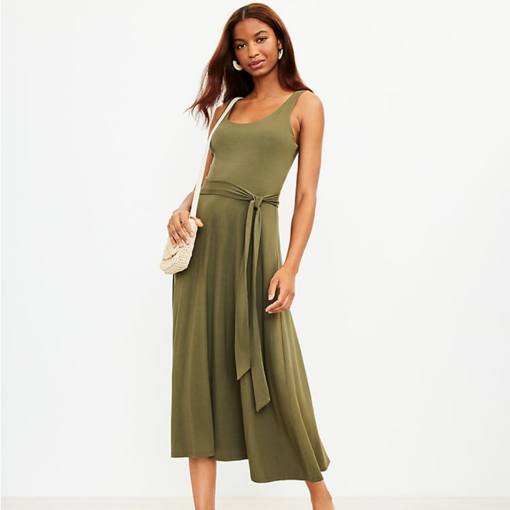 Loft olive green tie waist midi dress